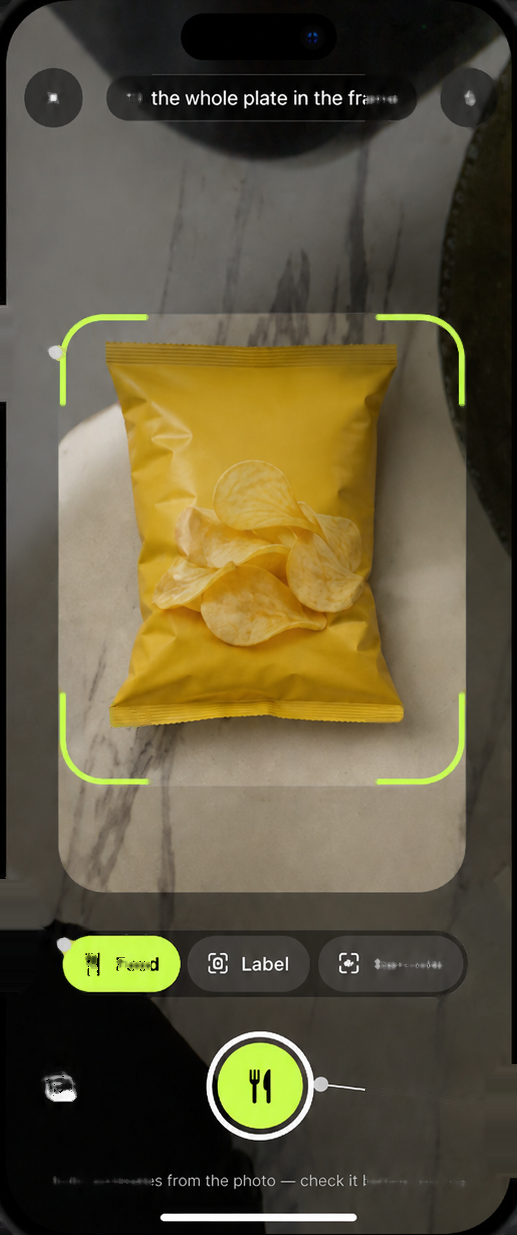Bulkr camera scanning a bag of chips to log calories