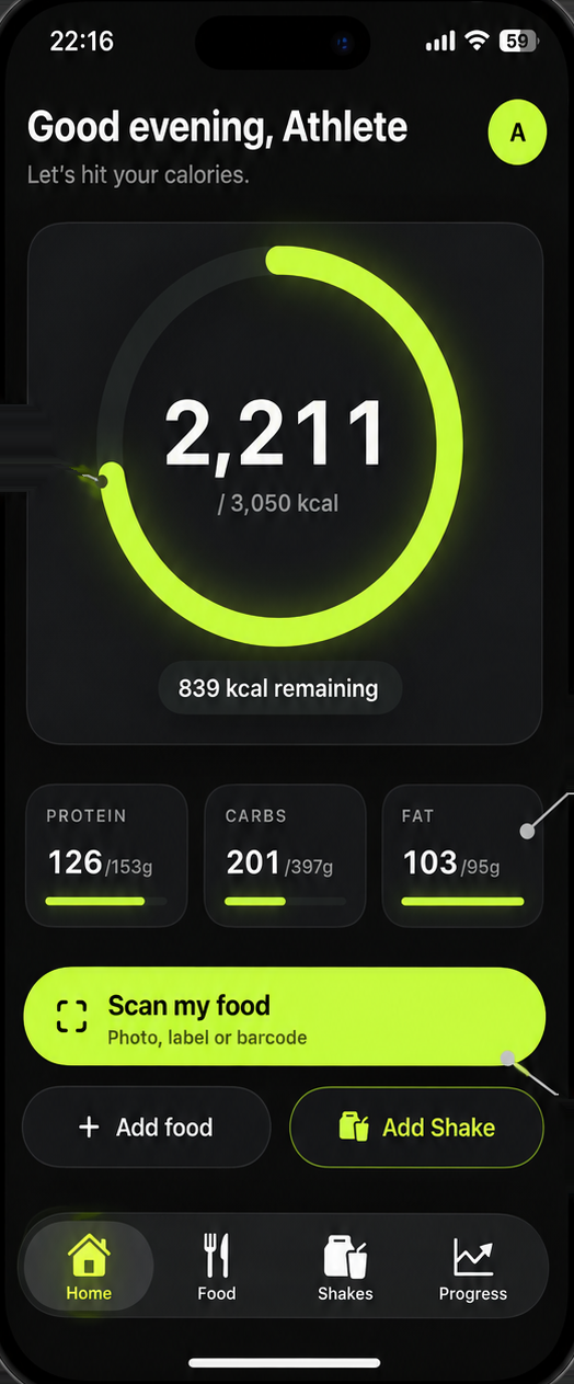 Bulkr app home screen showing calories remaining and macros