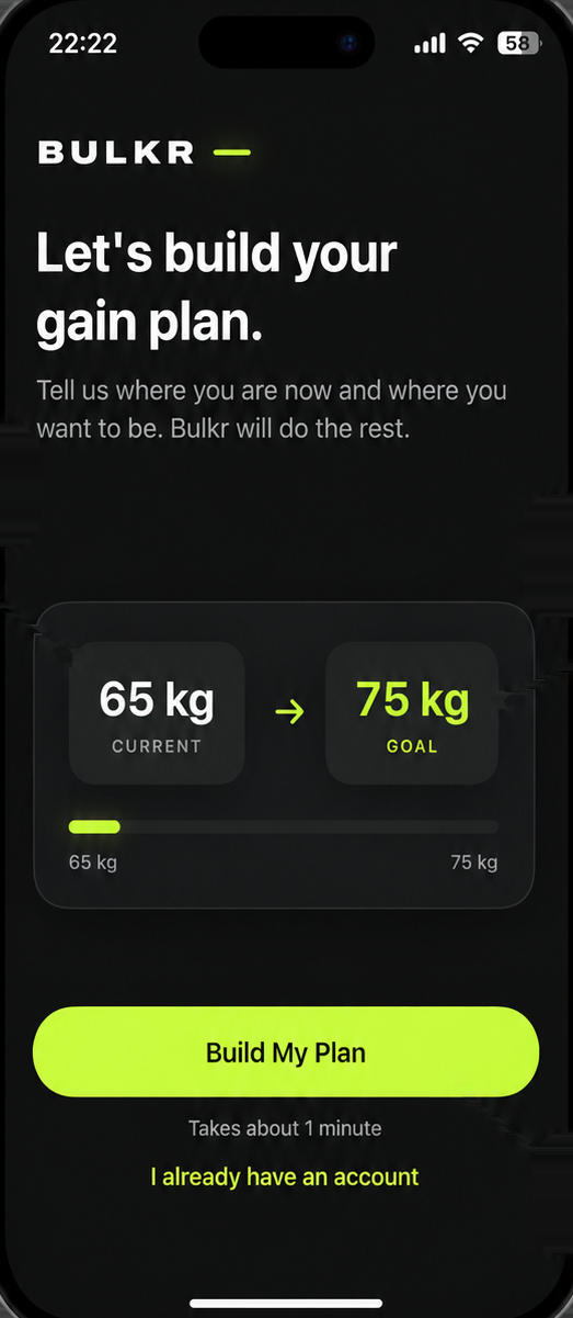Bulkr onboarding screen setting a goal from 65 kg to 75 kg